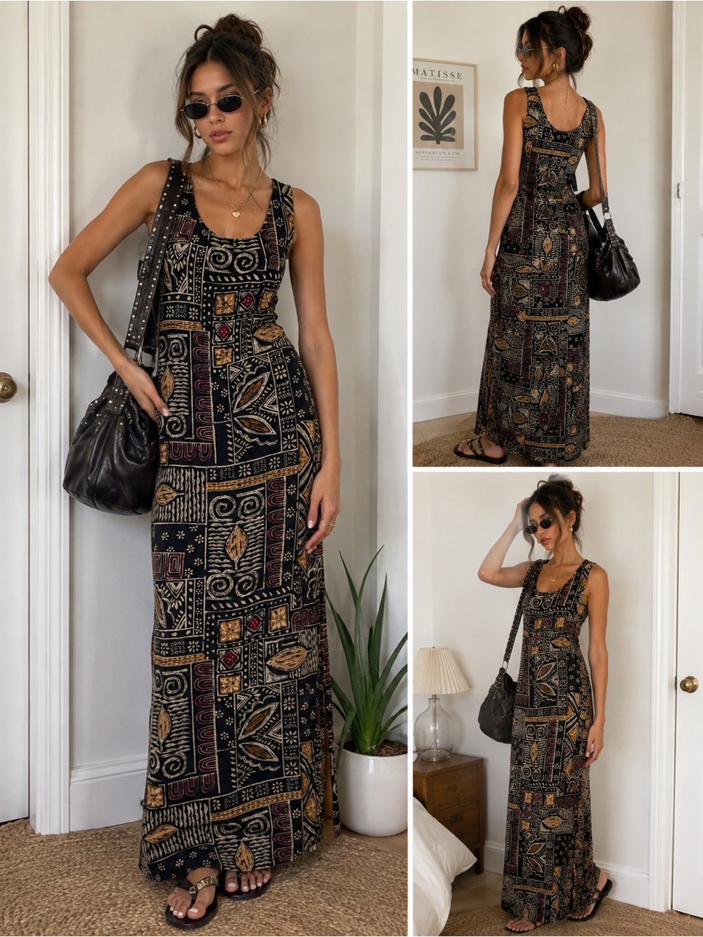 Vintage 90s Style Studio Abstract Tribal Print Tie Back Maxi Dress Boho M